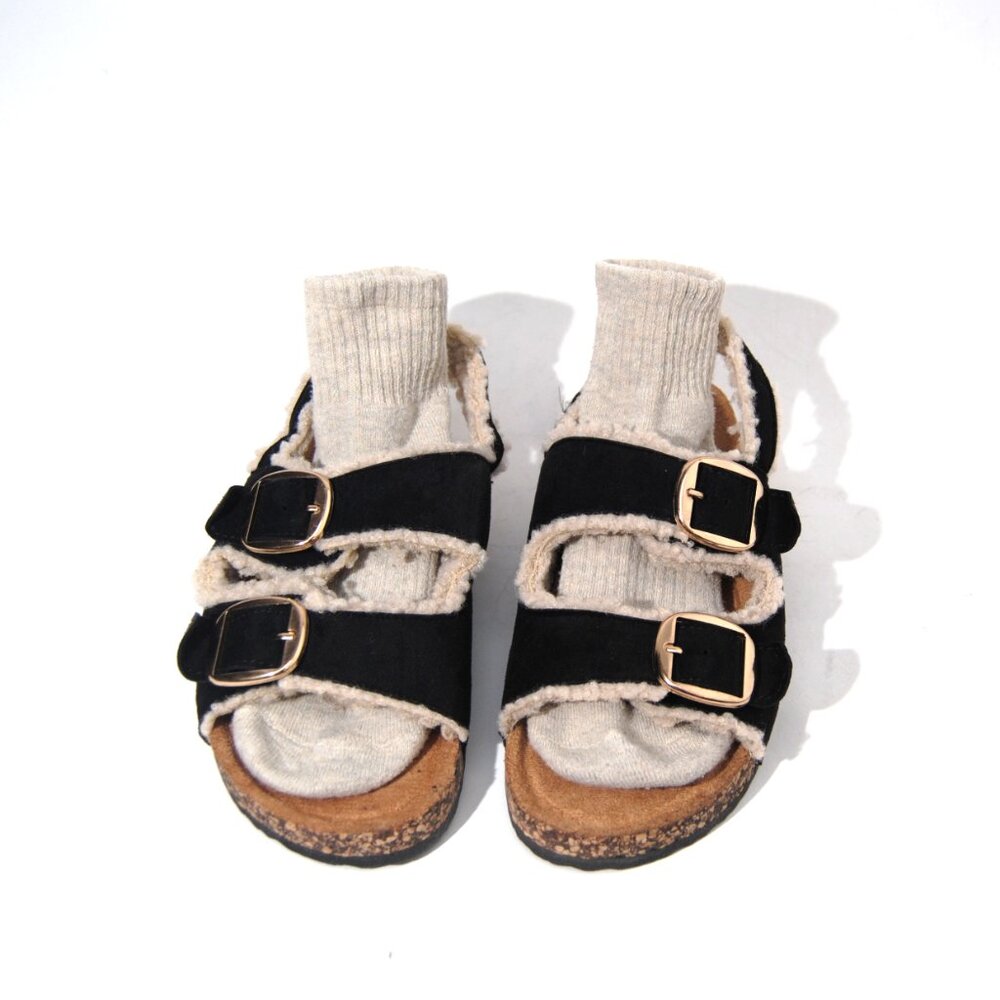 BLACK Footbed Comfort Faux Teddy Fur Buckle Slide Slipper Sandals - Picture 2 of 6